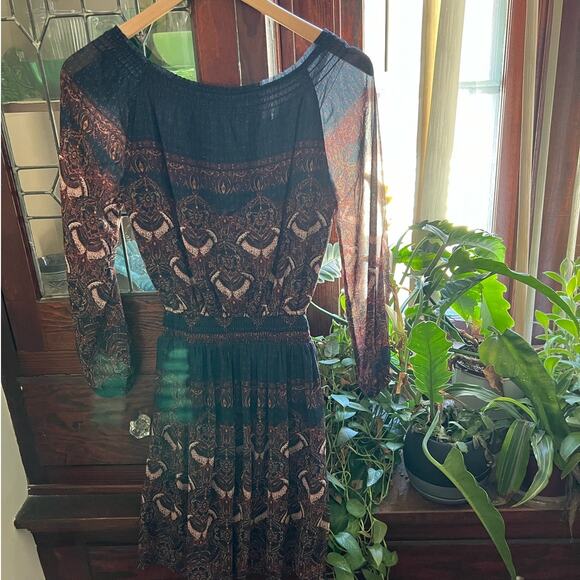 Abercrombie & Fitch Boho Teal Rust Damask Smocked Peasant Midi Dress XS - Picture 10 of 17